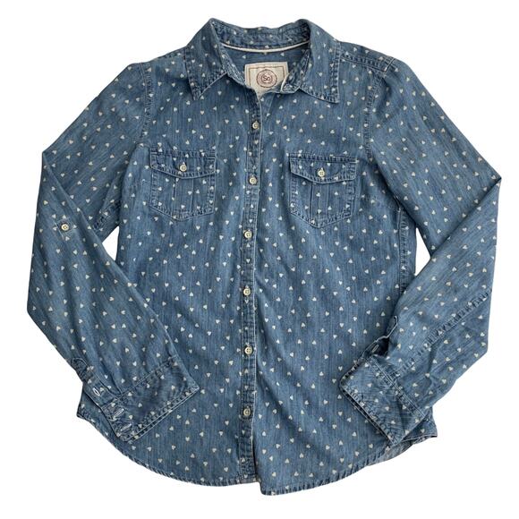 SO Chambray Blue Button Down Shirt White Hearts Medium - Picture 5 of 7